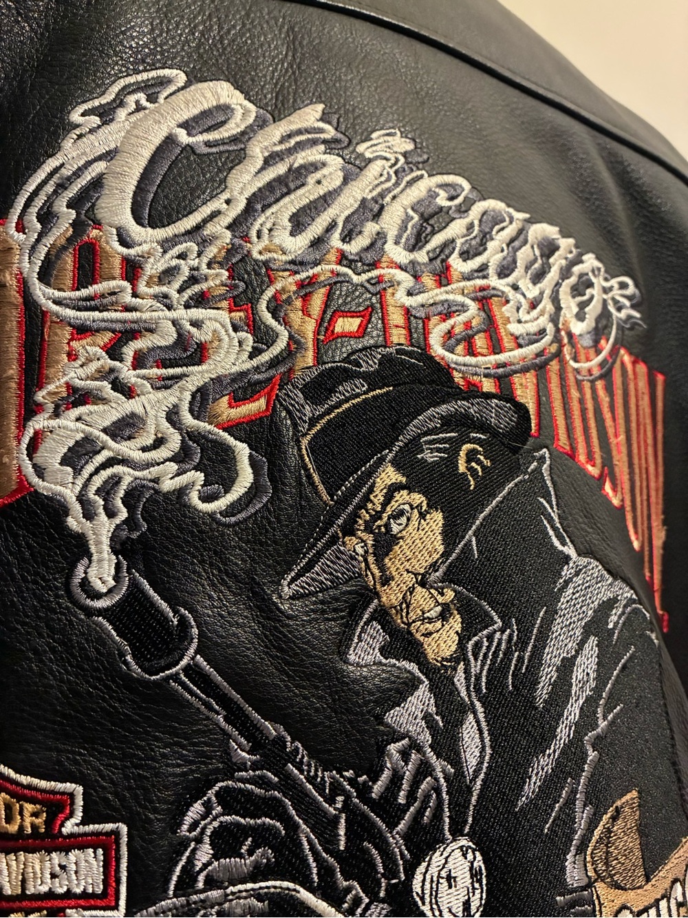 Harley-Davidson Black Leather Bomber Jacket Chicago “Smoking Gun”